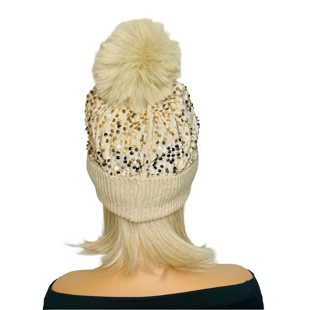 Chic Sequin-Embellished Knit Beige Beanie with Pom-Pom - Picture 3 of 4